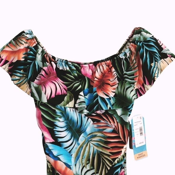 Swim Solutions Off The Shoulder Ruffle One Piece Swimsuit Size 8 Black Multi - Picture 13 of 14